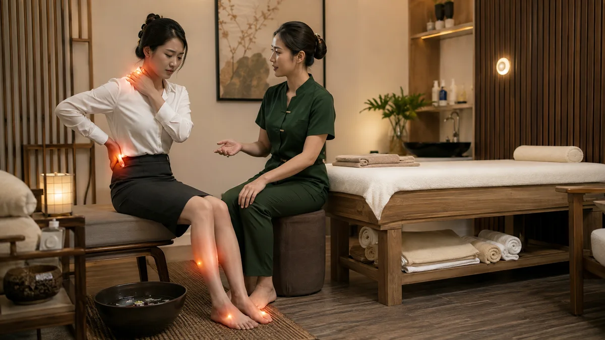 Khách đang trao đổi với kỹ thuật viên về vùng đau mỏi cổ vai gáy, lưng và chân trước buổi massage trị liệu
