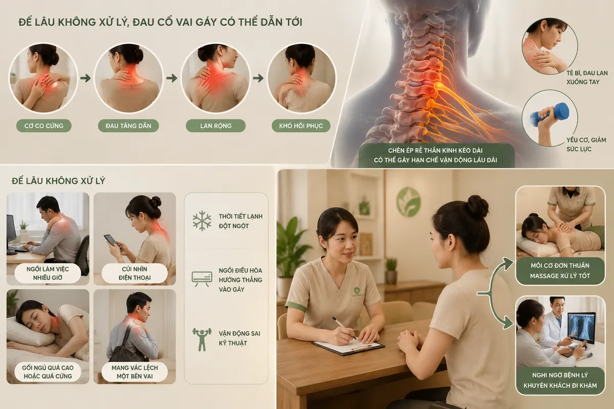 Để lâu không xử lý, đau cổ vai gáy dẫn tới cơ co cứng, đau tăng dần, lan rộng, khó hồi phục do chèn ép rễ thần kinh kéo dài, có thể kèm tê tay và yếu cơ