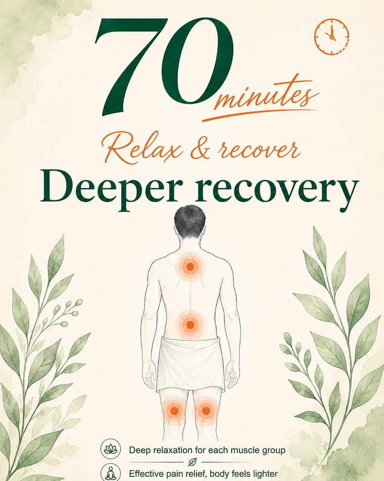 70 minutes — Deeper relaxation and recovery, for when several areas are tired at once or you want fuller care.