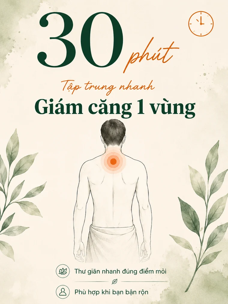 30 phút — Tập trung chăm sóc một vùng đang mỏi, phù hợp khi quý khách cần một buổi chăm sóc nhanh và có ít thời gian.