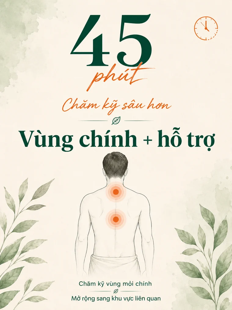 45 phút — Có thêm thời gian chăm kỹ vùng mỏi chính và hỗ trợ một số khu vực liên quan đang bị căng.
