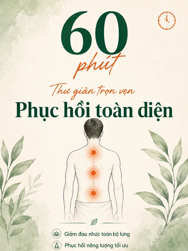 60 phút — Phù hợp khi quý khách muốn chăm sóc trọn vẹn vùng chính cùng những khu vực thường bị căng mỏi liên quan.