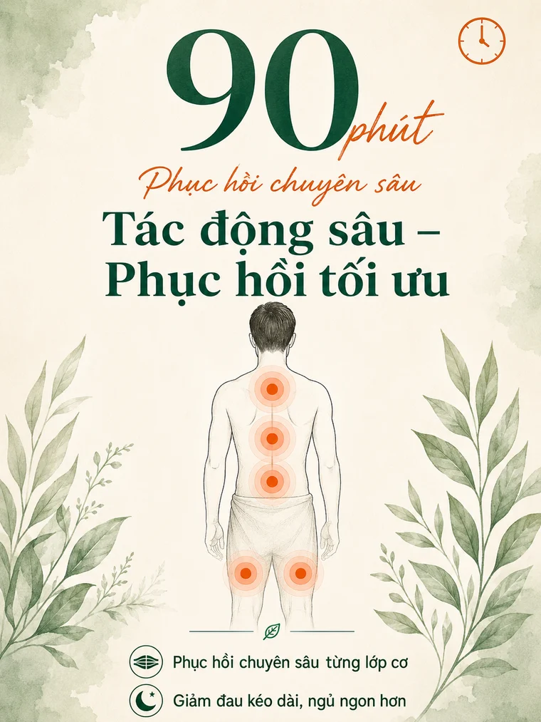 90 phút — Phục hồi chuyên sâu, tác động kỹ từng lớp cơ, phù hợp khi quý khách muốn cơ thể được phục hồi tối ưu.