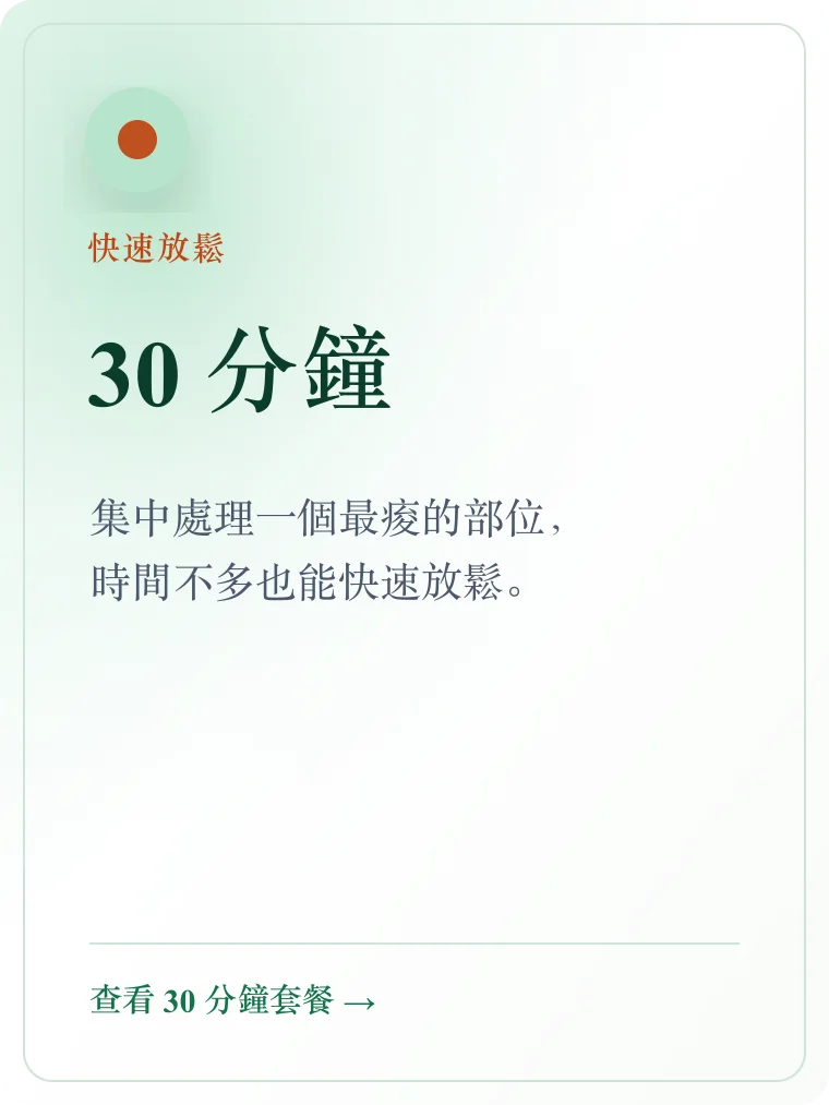 30 分鐘 — 集中處理一個最痠的部位，時間不多但想快速鬆一下時很合適。