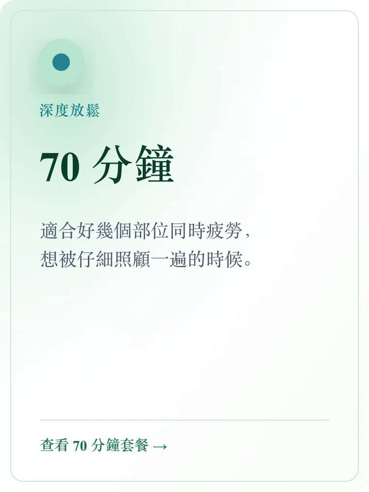 70 分鐘 — 放鬆得更徹底，適合好幾個部位同時疲勞、或想被仔細照顧一遍的時候。