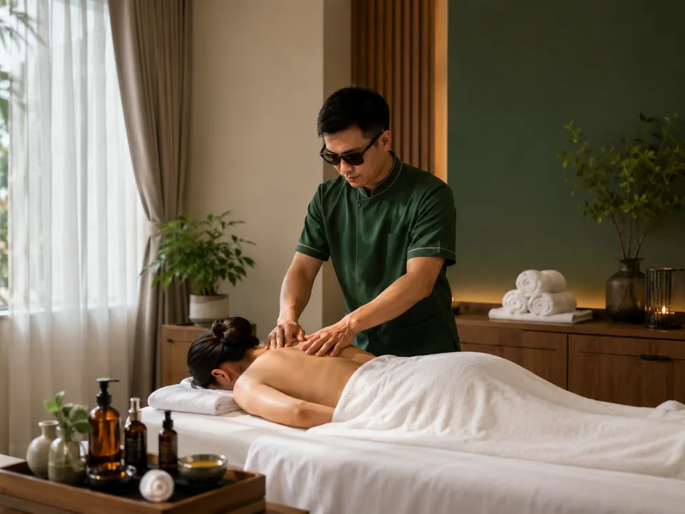Kỹ thuật viên Tâm Đắc chăm sóc vùng cổ vai gáy cho khách